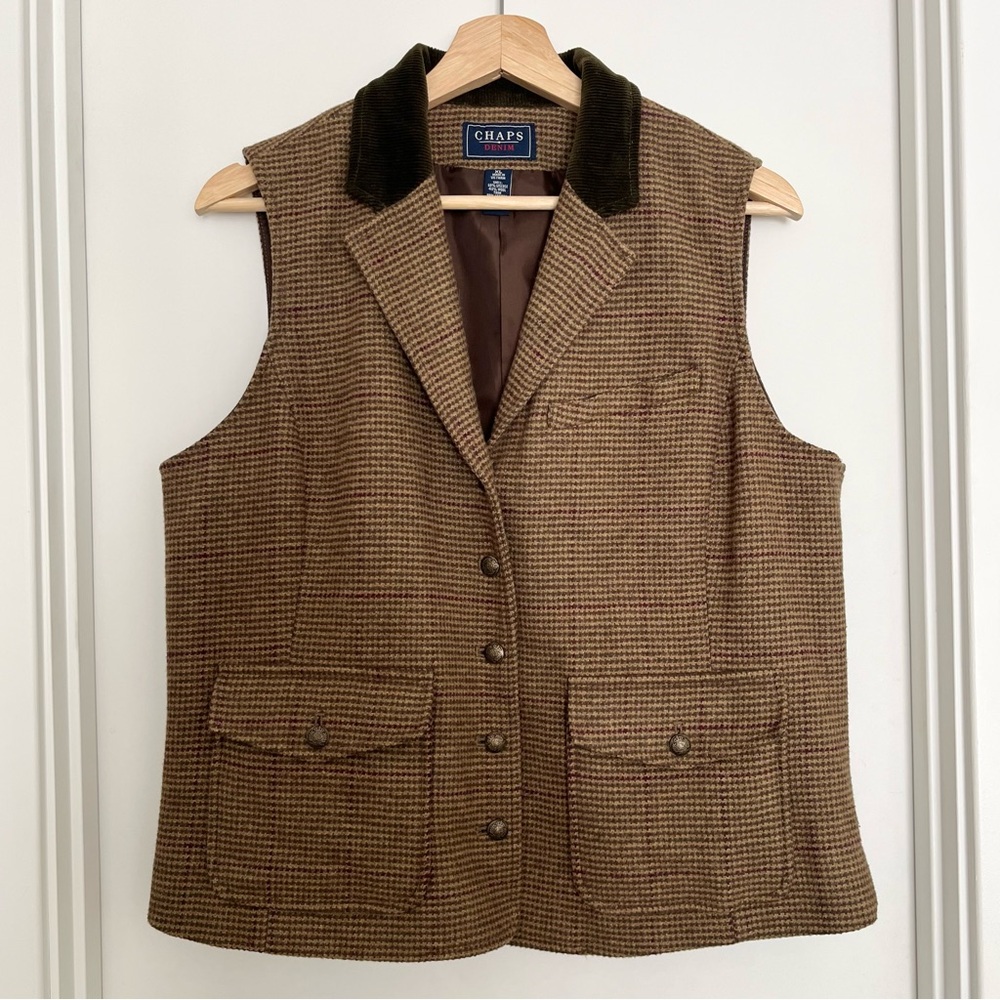 Vintage Chaps Denim Women's Brown Plaid Tweed Vest XL Wool Blend Classic Preppy - Picture 1 of 6